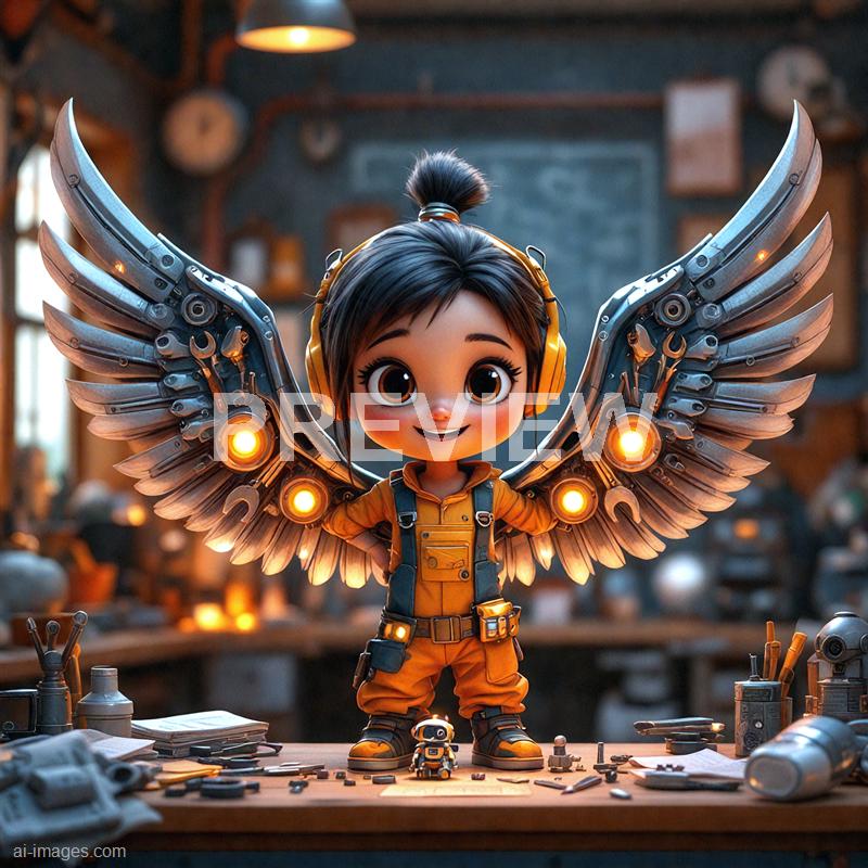 A cute animated girl with large expressive eyes, wearing a yellow jumpsuit and headphones, stands confidently in a workshop surrounded by tools and mechanical parts. She has mechanical wings with glowing orange lights, giving her a futuristic and steampunk-inspired appearance. The background features a cozy, cluttered workshop with wooden shelves, various equipment, and a warm ambient light.